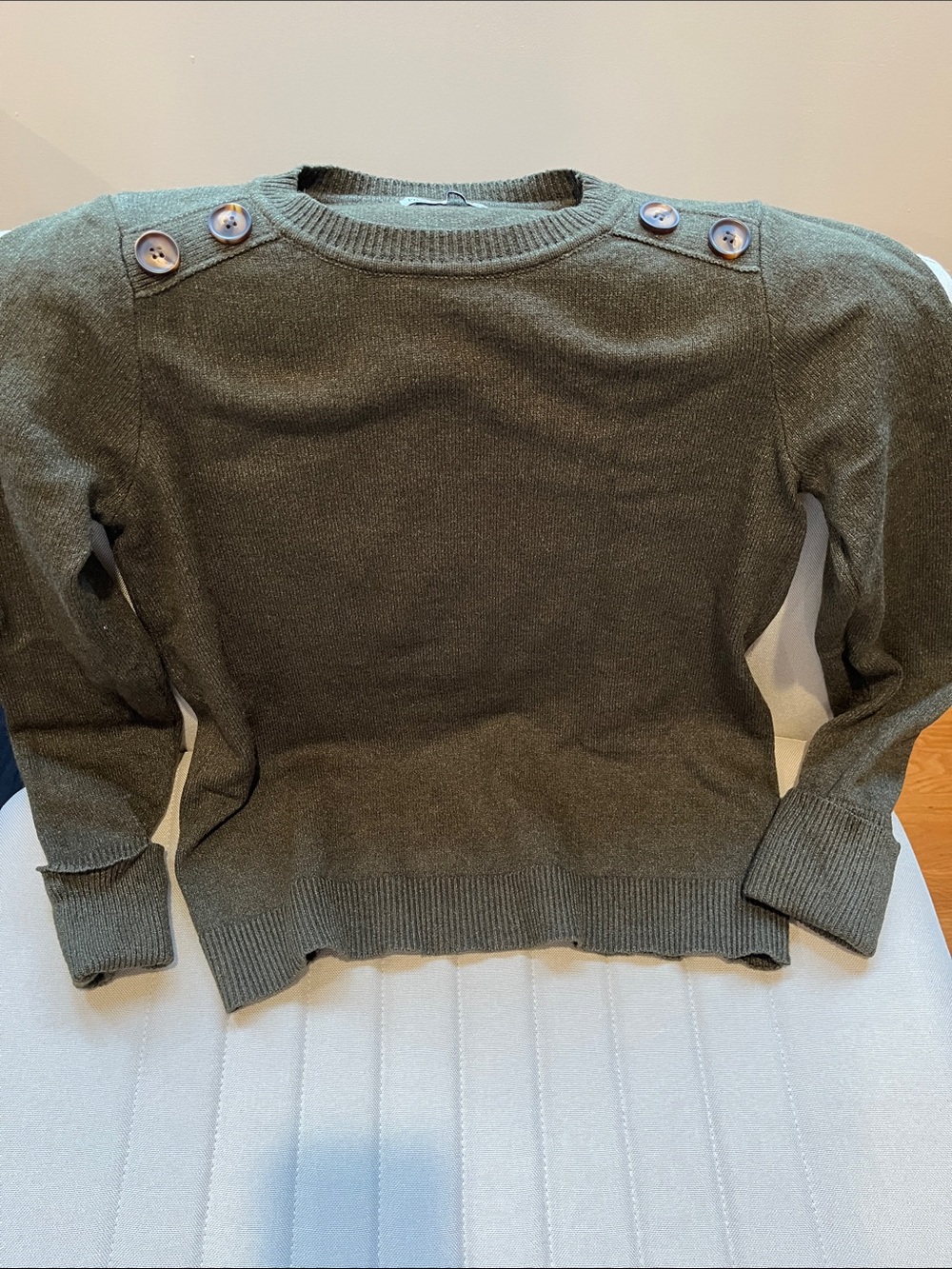 Olive Green Crewneck Sweater with Shoulder Buttons